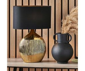 Pacific Lifestyle Ceramic Silver Table Lamp for Living Room | Art Deco Metallic Textured Bedside Lamps | Elegant Flat Chrome Lamp Base with Oval Faux Silk Shade (Gold)