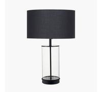 Pacific Lifestyle Clear Glass And Black Metal Table Lamp With Harry 35Cm Black Poly Cotton Cylinder Drum Shade