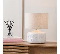 Pacific Lifestyle White Small Floral Ceramic Table Lamp | Natural Dandelion Complete Lamp with Shade for Living Rooms | Compact Coastal Bedside Table Lamps with Cotton Drum Shade