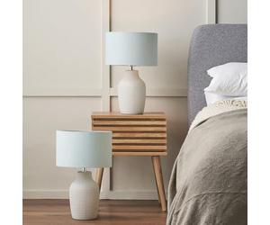 Pacific Lifestyle Duo of Kai Duck Egg Textured Ceramic Table Lamp | Set of 2 Soft Blue Scandi Bedroom Lamps | Textured Nordic Line Pattern Table Lamp Complete with Shade