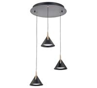 Pacific Lifestyle LED Pendant Light 3 Cone Cluster Black Gold Round Plate | Three black and gold cones cluster from a round ceiling plate with integrated LED for stairwells and round tables