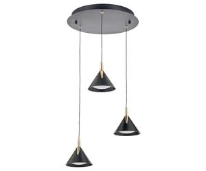 Pacific Lifestyle LED Pendant Light 3 Cone Cluster Black Gold Round Plate | Three black and gold cones cluster from a round ceiling plate with integrated LED for stairwells and round tables
