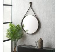 Pacific Lifestyle Round Wall Mirror Brown Leather Strap Frame 60Cm Contemporary