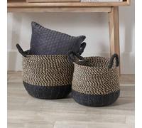 Pacific Lifestyle Two-Tone Natural And Black Seagrass Baskets With Handles Set Of 2