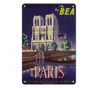 Pacifica Island Art Paris - Notre Dame Cathedral by Moonlight - Fly BEA (British European Airways) - Vintage Airline Travel Poster by Daphne Padden c.1950s - 8 x 12 inch Vintage Metal Tin Sign