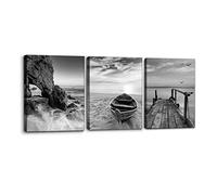Pacimo 3 Panels Set Framed Canvas Wall Art Print for Seascape Beach and Boat Sunrise Scenery Black and White Giclee Canvas Print Modern Artwork for Wall Decor Ready to Hang - 12" x 16" x 3
