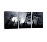 Pacimo 3 Pieces Framed Wall Art Decorations Dark Forest Night Landscape Painting Print on Canvas Full Moon Modern Artwork for Home Office Decor Gallery Wrapped Ready to Hang - 12"x16"x3 Panels