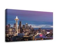 Pacimo Canvas Art Wall Decor City Seattle Skyline at Sunset Pictures Painting Prints Washington Cityscape Modern Artwork Decoration for Home Decor Stretch and Framed Ready to Hang 16"x24"