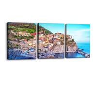 Pacimo Framed Cinque Terre Canvas Wall Art Set of 3, Italy Landscape Wall Decor Paintings, Manarola Coast Pictures Prints on Canvas Home Decor for Living Room Bedroom Ready to Hang - 12"x16"x3