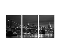 Pacimo New York Brooklyn Bridge Canvas Wall Art 3 Panels Night View Modern Landscape Artwork Cityscape Pictures Prints on Canvas Wall Decor for Home & Office Decoration - 16 x 24 inch x 3