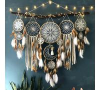 PACIOCEAN Dream Catchers Wall Hanging Set, Moon and Sun Design, Handmade Feathers, Boho Room Decor, Brown, 5 Pieces