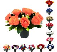 Pack 1 Artificial Flowers for Graves - 12 Head Orange Flower Pots | Perfect for Enhancing Memorial & Cemetery Decor | Improved Design for Funeral Elegance and Lasting Tribute.