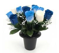 Pack 1 Artificial Flowers for Graves in Pots 25cm | 12 Head Ivory/Blue/RoyalBlue Grave Flower Pots for Christmas | Luxury Memorial Flowers for Graves, Funerals & Lasting Tributes | All Season Displays