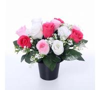Pack 1 Artificial Flowers for Graves in Pots 25cm | 12 Head Pink and Ivory Grave Flower Pots for Christmas | Luxury Memorial Flowers for Graves, Funerals & Lasting Tributes | All Season Displays