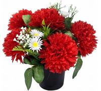 Pack 1 Artificial Flowers for Graves in Pots 25cm | 12 Head Red Daises Grave Flower Pots for Christmas | Luxury Memorial Flowers for Graves, Funerals & Lasting Tributes | All Season Displays