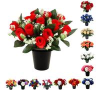 Pack 1 Artificial Flowers for Graves in Pots 25cm | 12 Head Red Grave Flower Pots | Perfect for Enhancing Memorial & Cemetery Decor | Improved Design for Funeral Elegance & Lasting Tribute.