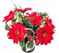 Pack 1 Red Artificial Poinsettia Grave Flower Pots and Foliage Christmas Crew Pot | New Improved Design Christmas Artificial Flowers for Graves in Pot | Improved Design for Funeral Elegance.