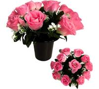Pack 2 Artificial Flowers for Graves in Pot 25cm | 12 Head Pink Grave Flower Pots | Perfect for Enhancing Memorial & Cemetery Decor | Improved Design for Funeral Elegance & Lasting Tribute.