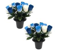 Pack 2 Artificial Flowers for Graves in Pots 25cm | 12 Head Ivory/Blue/Royal Blue Grave Flower Pots for Christmas | Luxury Memorial Flowers for Graves, Funerals & Lasting Tributes | All Season Display