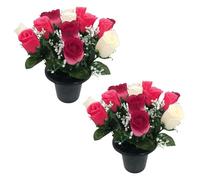 Pack 2 Artificial Flowers for Graves in Pots 25cm | 12 Head Ivory/Fauchia/Creise Grave Flower Pots for Christmas | Luxury Memorial Flowers for Graves, Funerals & Lasting Tributes | All Season Displays
