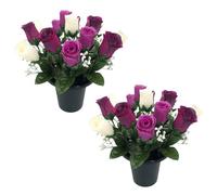 Pack 2 Artificial Flowers for Graves in Pots 25cm | 12 Head Ivory/Lilac/Purple Grave Flower Pots for Christmas | Luxury Memorial Flowers for Graves, Funerals & Lasting Tributes | All Season Displays
