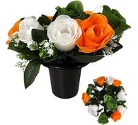 Pack 2 Artificial Flowers for Graves in Pots 25cm |12 Head Orange White Green Grave Flower Pots | Perfect for Enhancing Memorial & Cemetery Décor | Elegant Design for a Lasting Funeral Tribute.