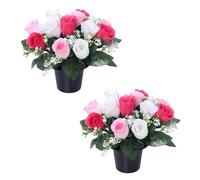 Pack 2 Artificial Flowers for Graves in Pots 25cm | 12 Head Pink/Ivory Grave Flower Pots for Christmas | Luxury Memorial Flowers for Graves, Funerals & Lasting Tributes | All Season Displays