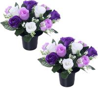Pack 2 Artificial Flowers for Graves in Pots 25cm | 12 Head Purple White Grave Flower Pots for Christmas | Luxury Memorial Flowers for Graves, Funerals & Lasting Tributes | All Season Displays