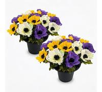 Pack 2 Artificial Flowers for Graves in Pots 25cm | 12 Head Purple/Yellow/White Grave Flower Pots | Perfect for Enhancing Memorial & Cemetery Décor | Elegant Design for a Lasting Funeral Tribute.