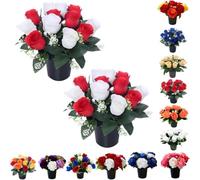 Pack 2 Artificial Flowers for Graves in Pots 25cm | 12 Head Red And Ivory Grave Flower Pots for Christmas | Luxury Memorial Flowers for Graves, Funerals & Lasting Tributes | All Season Displays