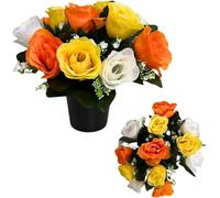 Pack 2 Artificial Flowers for Graves in Pots 25cm | 12 Head White/Yellow/Orange Grave Flower Pots for Christmas | Luxury Memorial Flowers for Graves, Funerals & Lasting Tributes | All Season Displays