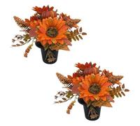 Pack 2 Artificial Flowers for Graves in pots 25cm | Autumn Orange Grave Flower Pots | Perfect for Enhancing Memorial & Cemetery Decor | Improved Design for Funeral Elegance & Lasting Tribute.