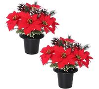 Pack 2 Christmas Artificial Flowers for Graves in Pot|Red Poinsettia with Snowy Cone & Variegated Holly|Cemetery Artificial Poinsettia Grave Flower Pots | Weatherproof Grave Vase for Memorial Flowers.