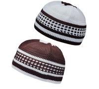 Pack 2 Colors Muslim Beanie Cap AMN-260P2 Islam Kufi Prayer Knit Hat Crochet Taqiyah Takke Skull Topi Eid Ramadan Gift, Brown/White, One size