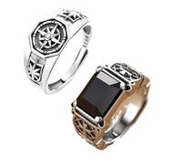 Pack 2 Jesus Cross Star Trendy Black Statement Band Rings for Men Women Vintage Chic Adjustable Minimalist Unique Comfort Fit Men's Ring