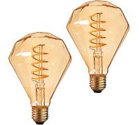 Pack 2 | LED Edison E27 Decorative Light Bulb, Diamond Shape 4W (Equivalent 40W) Non-Dimmable 2700K Warm White Amber Glass 450 Lumens Screw Base Spiral Filament Vintage Style Energy Saving Fancy Bulb