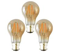 Pack 3 | LED B22 Light Bulb, A60 4W (40W Equivalent) LED Filament Non- Dimmable Warm White 2700K 450 Lumen Amber Glass | GLS Bayonet Base Energy Saving Vintage Style Bulb for Home Decoration