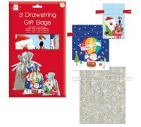 Pack 3 Various Size Santa Sacks Drawstring Gift Bags Santa & Friends Xmas Eve Presents