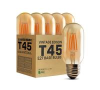Pack 5 | LED E27 Edison Bulbs T45 LED 4W (40W Equivalent) Dimmable Amber Glass 2700K Warm White 450 Lumens Energy Saving Vintage Tubular Bulb for Indoor Lighting Decorative