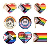 Pack 9 Pcs Rainbow LGBTQ Pride Pins Set You are Safe with Me Pin LGBT You Can Be Yourself Progress Pride Jewelry for Lapel Backpack Jackets Bags Trans Ally Accessories, Metal, no gemstone