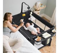 Pack and Play, 5 in 1 Baby Bassinet Bedside Sleeper, Portable Baby Crib with Diaper Changer, Storage Rack& Music Box Toy Bar, Foldable Playard for Newborn Toddlers(Black)