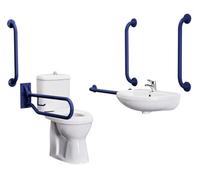 Pack - Comfort Height Toilet Pan With Cistern & Seat, Wall Mounted Basin + Tap, 5 Grab Rails & Drop Down Rail - Blue By Balterley