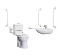 Pack - Comfort Height Toilet Pan With Cistern & Seat, Wall Mounted Basin + Tap, 5 Grab Rails & Drop Down Rail - White By Balterley