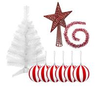 Pack DECORACIÓN Navidad: ABETO Blanco 70 CM CON Base + 6 Bolas Navidad Rayas Blanca Y ROJA + Estrella Cresta ROJA + GUIRNALDA ESPUMILLÓN Blanca Y ROJA 2 M