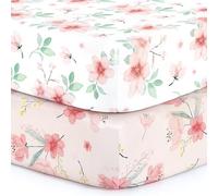 Pack n Play Stretchy Fitted Playard Sheet Set BROLEX 2 Pack Portable Mini Crib Sheets,Convertible Playard Mattress Cover,Ultra Soft Material,Pink Blossom