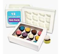 PACK N TRADE 100 Pcs cupcake boxes 12 hole - Removable Inserts Deep cake boxes for cupcakes - White cup cake boxes (33 x 24.2 x 7.5 cm) with Clear Window - Ideal for Muffins, Cupcakes