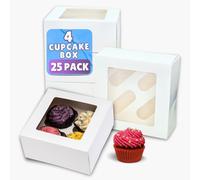 PACK N TRADE 25 Pcs cupcake boxes 4 hole - Multifunction Inserts Deep muffin boxes - White cake box (17 x 17 x 7.5 cm) with Clear Window - Ideal for Muffins, Cupcakes
