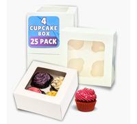PACK N TRADE 25 Pcs cupcake boxes 4 hole - Removable Inserts Deep muffin boxes - White cake box (17 x 17 x 7.5 cm) with Clear Window - Ideal for Muffins, Cupcakes