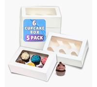 PACK N TRADE 5 Pcs cupcake boxes 6 hole - Multifunction Inserts Deep cake boxes for cupcakes - White cup cake boxes (24 x 16 x 7.5 cm) with Clear Window - Ideal for Muffins, Cupcakes & Pastries