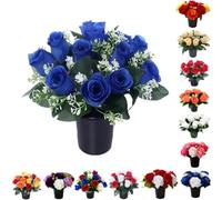 Pack of 1 Artificial Flowers for Graves in Pots 25cm | 12-Head Blue Grave Flower Pots for Christmas | Premium Memorial Flowers for Cemeteries, Funerals & Elegant Lasting Tributes | All-Season Displays
